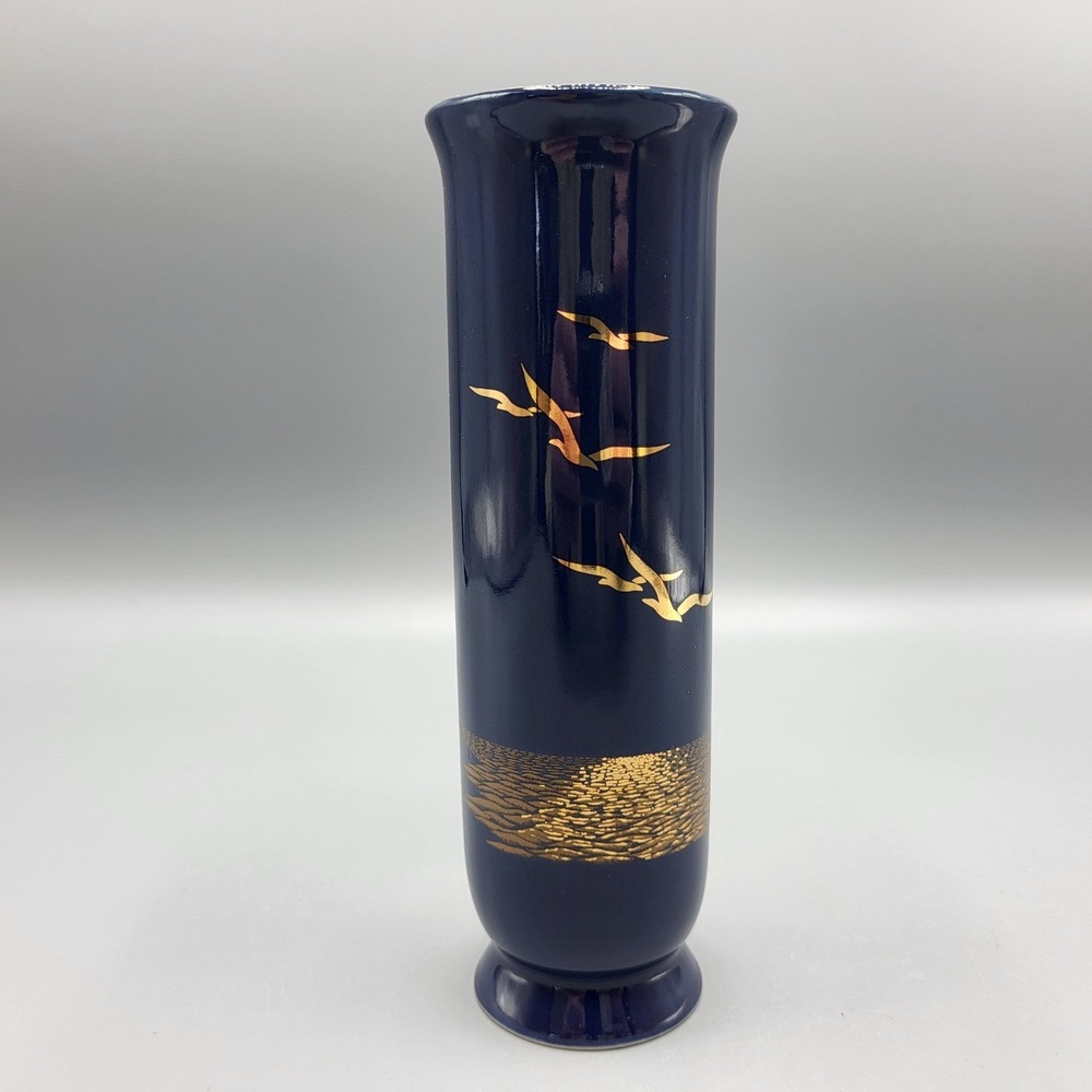 Vintage Otagiri Seagull Bud Vase Porcelain Cobalt Blue Gold Gilt Japan MCM Decor